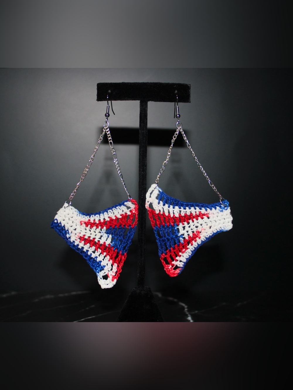 Handmade Crochet Dangle Earrings - Red White Blue